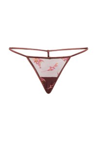 Tanga in rete trasparente con una vita bordeaux e ricami floreali in rosa e giallo sul pannello frontale. Design T-back minimale.