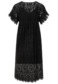 Robe midi noire avec broderie œillets, manches courtes bouffantes, décolleté en V et ourlet festonné.