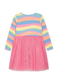 Mehrfarbiges Kleid mit langen Ärmeln; gerippter Oberteil in pastellfarbenen Streifen, rosa Tüllrock. Verfügt über einen runden Halsausschnitt und eine geraffte Taille.