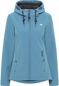 Veste softshell bleue avec capuche, dotée de cordons décoratifs, fermeture éclair, deux poches avant et un logo parapluie sur la poitrine.