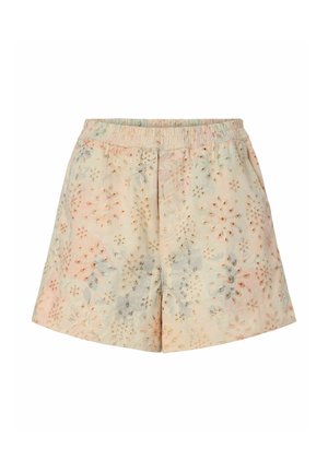 Lyse beige shorts med et pastellfarget blomsterdesign, elastisk midje og løs passform, egnet for casual bruk.