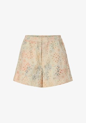 Lyse beige shorts med et pastellfarget blomsterdesign, elastisk midje og løs passform, egnet for casual bruk.