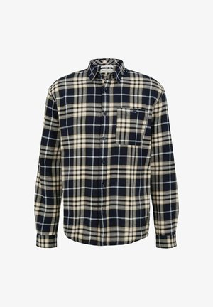 Herre langærmet skjorte med knapper, i marineblå, beige og hvidternet mønster samt forlommer med knap foran.