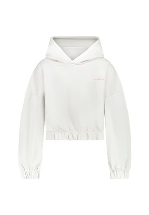 Witte cropped hoodie met lange mouwen, elastische boorden en zoom, en kleine roze "HARMONY" tekst op de bovenste linker borst.