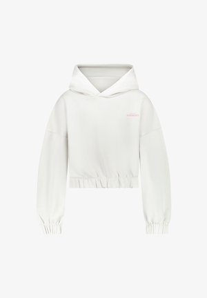 Witte cropped hoodie met lange mouwen, elastische boorden en zoom, en kleine roze "HARMONY" tekst op de bovenste linker borst.