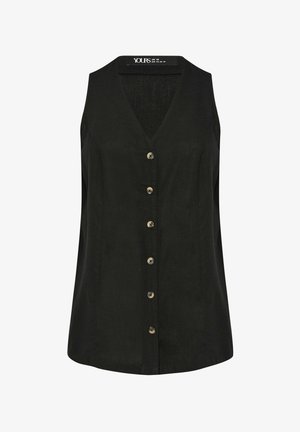 Schwarze ärmellose Bluse mit Knopfleiste, V-Ausschnitt und sechs Knöpfen vorne, erhältlich in UK-Größe 18, EU-Größe 46, US-Größe 14.