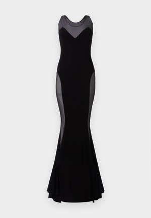 Vestido maxi preto com painéis de rede transparentes na parte superior e nas laterais. Silhueta ajustada com barra em A. Tecido suave e cor sólida.