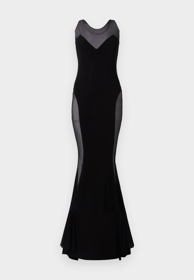 Vestido maxi preto com painéis de rede transparentes na parte superior e nas laterais. Silhueta ajustada com barra em A. Tecido suave e cor sólida.