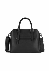 Borsa a mano in pelle nera con finitura texture, doppi manici, tracolla rimovibile e tasca frontale con zip per riporre gli oggetti.