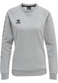 Grå sweatshirt med långa ärmar, rund halsringning och texturerat tyg. Har en svart logotyp på bröstet och ett chevron-mönster längs ärmarna.