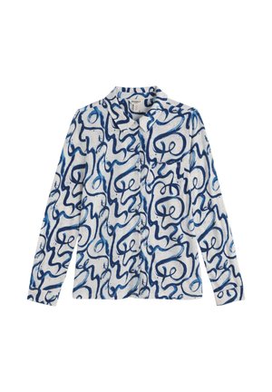 Bela srajca z dolgimi rokavi in ovratnikom, prekrita z abstraktnimi modrimi vzorci v obliki vrtincev in črt.