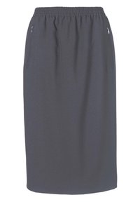 Grijze enkel-lange rok van soepele stof. Heeft een elastische waistband en twee zijzegelzakken. Eenvoudig, recht ontwerp.