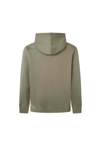 Sudadera con capucha de color verde olivo, de corte estándar, con una textura de tela suave y puños y dobladillo acanalados, vista desde la parte de atrás.