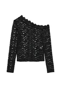 Zwarte kanten top met lange mouwen en een off-shoulder ontwerp. Beschikt over een scalloped halslijn en een bloemenpatroon door het geheel.