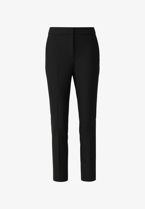 Black tailored pants with a flat front, slim fit, and subtle creases. Features a waistband and discreet side pockets. Smooth, woven fabric.