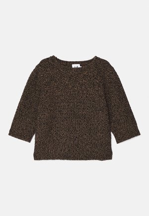 Brown, textured knit sweater with three-quarter sleeves, wide neckline, and ribbed hem. Soft material with a cozy appearance.