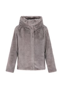 Gr�å faux fur jakke med hætte, der har en blød tekstur, frontlukning og lange ærmer. Glat overflade uden synlige mønstre eller detaljer.