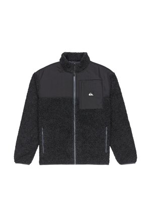 Giacca in fleece nera con parte superiore in nylon nero liscia, mezza zip davanti, colletto alto, tasca sul petto e tasche laterali con zip.