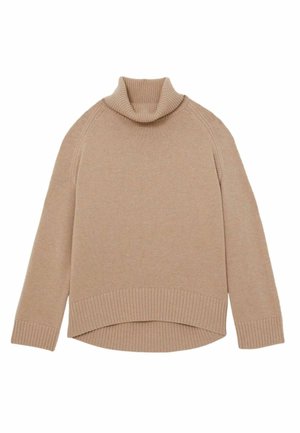 Bež turtleneck pulover iz pletenega materiala, z rebrastimi manšetami in robom, sproščenega kroja z razporkom na robu.