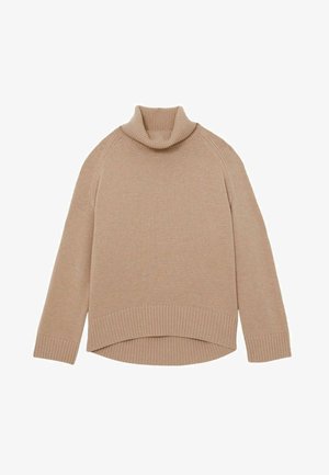 Bež turtleneck pulover iz pletenega materiala, z rebrastimi manšetami in robom, sproščenega kroja z razporkom na robu.