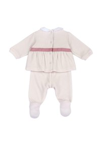 Svetle růžový dětský outfit obsahující dlouhý rukáv s bílým límečkem a růžovým páskem, doplněný o sladěné kalhoty s ponožkami.