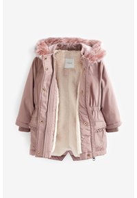 Manteau d'hiver rose pour enfants avec capuche en fausse fourrure et doublure en polaire crème, devant ouvert montrant l'intérieur doux, poches avant et boutons-pression.