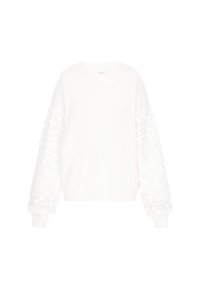 Weißer Strickpullover mit langen Ärmeln, der ein strukturiertes Spitzenmuster an den Ärmeln sowie einen gerippten Kragen und Bündchen aufweist.