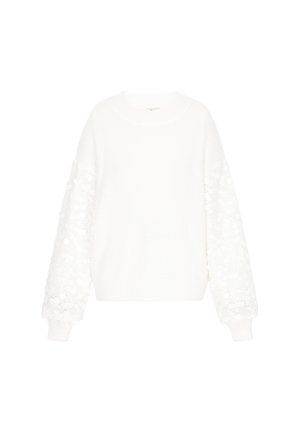 Biały sweter dzianinowy z długimi rękawami, z teksturowanym wzorem koronkowym na rękawach oraz ściągaczem przy kołnierzu i mankietach.