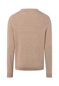 Beige gebreid sweater met lange mouwen, een ronde halslijn en een gestructureerd patroon, met ribgebreide manchetten en zoom.
