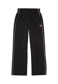 Schwarze Sporthose mit elastischem Bund, weißem seitlichen Piping und kleinem Fila-Logo am linken Bein. Leichter, strukturierter Stoff.