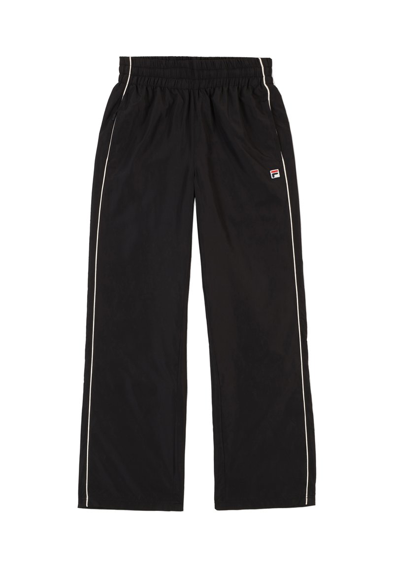 Schwarze Sporthose mit elastischem Bund, weißem seitlichen Piping und kleinem Fila-Logo am linken Bein. Leichter, strukturierter Stoff.