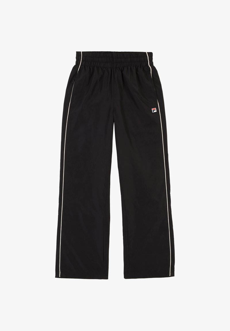 Zwarte sportbroeken met een elastische tailleband, witte zijpijpen en een klein Fila-logo op het linkerpijpje. Lichtgewicht, gestructureerde stof.