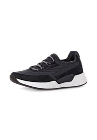 Black athletic sneaker featuring mixed materials, including smooth and suede textures, with silver laces and a white rubber sole.