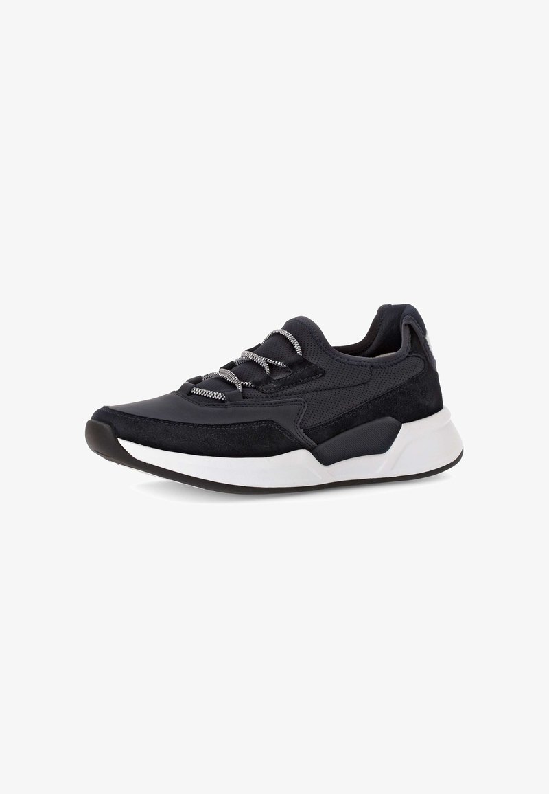 Black athletic sneaker featuring mixed materials, including smooth and suede textures, with silver laces and a white rubber sole.
