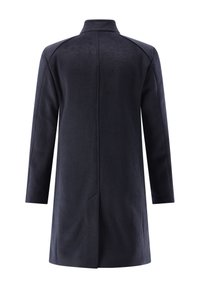Marineblauer Wollmantel mit hohem Kragen, langen Ärmeln und Seitentaschen; zeichnet sich durch eine glatte Textur und ein nahtloses Rückendesign aus.