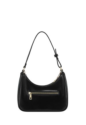 Sac à main en cuir noir avec bandoulière ajustable et poche zippée à l'avant, présenté sur fond blanc.