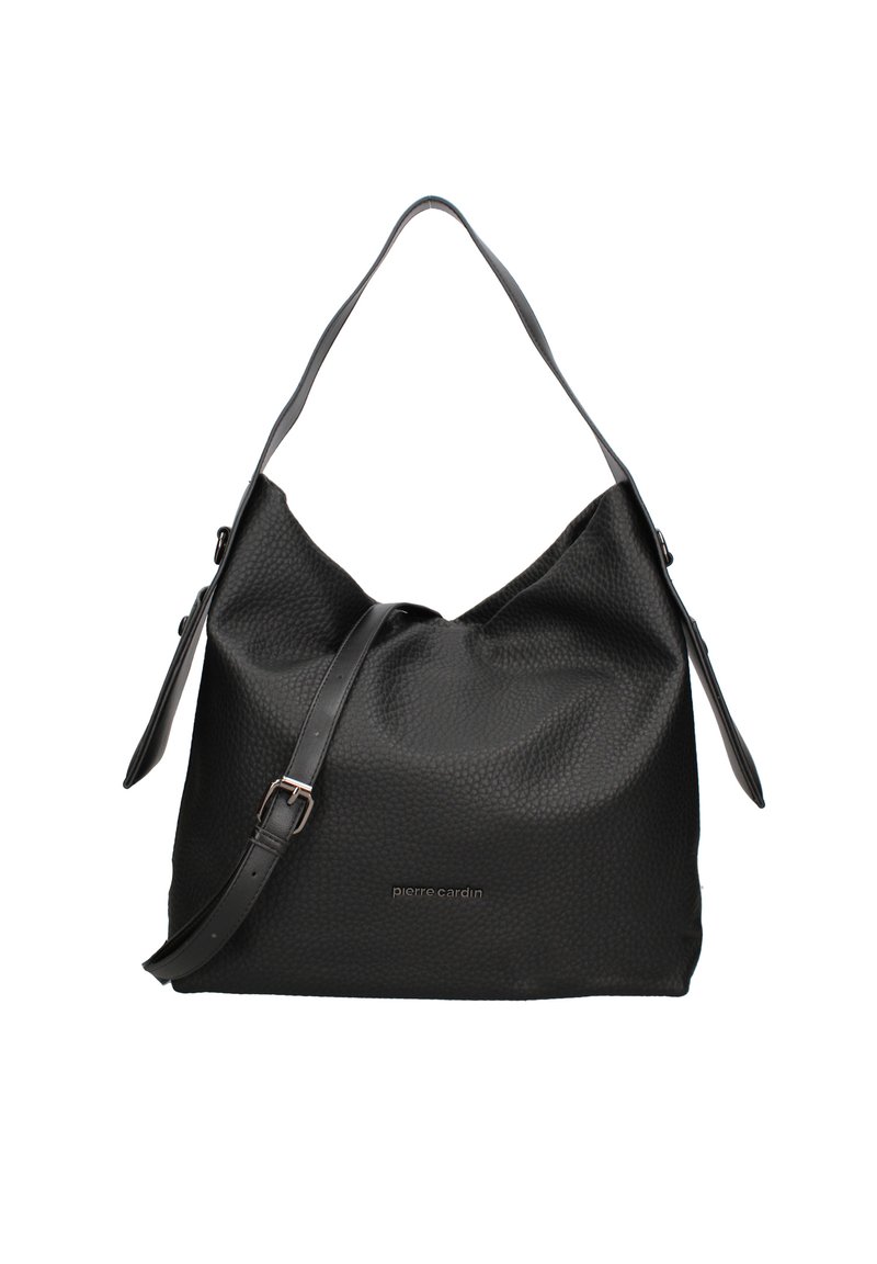 Borsa hobo nera con texture a ciottoli, tracolla regolabile e forma rilassata. Presenta un logo impresso sul davanti. Materiale in pelle liscia.