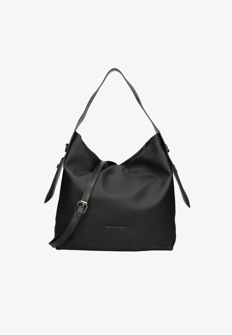 Borsa hobo nera con texture a ciottoli, tracolla regolabile e forma rilassata. Presenta un logo impresso sul davanti. Materiale in pelle liscia.