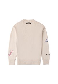 Beige Strickpullover mit geripptem Saum und Bündchen. Features "Monila" in Pink und "ROY ROGERS" in Schwarz an den Ärmeln. Klassisches Rundhals-Design.