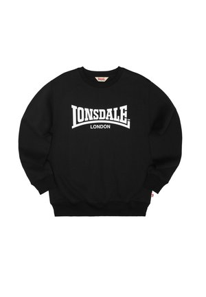 Sweat-shirt noir à col rond avec logo blanc "Lonsdale London" centré sur la poitrine et poignets et ourlet côtelés.