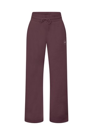 Bordeauxkleurige joggingbroek van zacht materiaal, voorzien van een elastische tailleband met een trekkoord en zijzakken. Bedrukt logo op het linkerbeen.