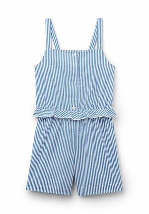Romper en tissu rayé bleu et blanc avec des bretelles fines, des boutons sur le devant et une taille froncée. Les shorts sont taillés avec un ourlet volant.