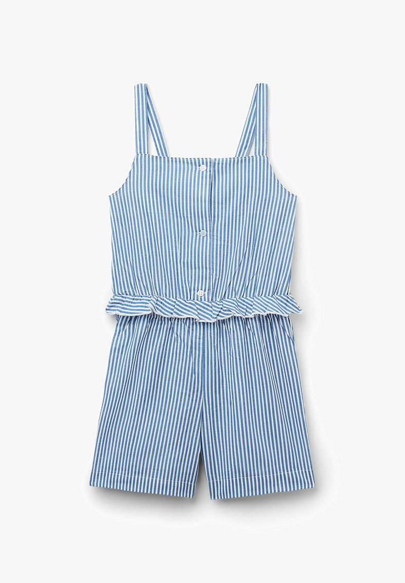 Blau-weiß gestreifter Stoffeinteiler mit schmalen Trägern, vorderen Knöpfen und gesammeltem Taillenbund. Die Shorts sind mit einem Rüschensaum geschnitten.