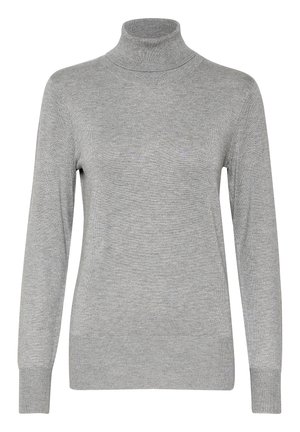 Pull à col roulé gris en matériau tricot doux. Caractéristiques : manches longues et poignets côtelés avec un design simple et sans couture.