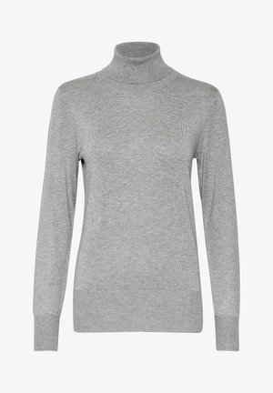 Siva pulover s turtleneck ovratnikom, izdelan iz mehkega pletenega materiala. Ima dolge rokave in rebraste manšete ter preprost, brezšiven dizajn.