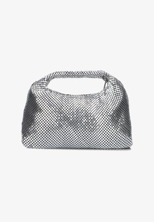 Zilveren gaas handtas met een ronde vorm en een korte hengsel, met een gestructureerd oppervlak van kleine metalen schijven.