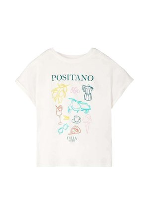 T-shirt blanc avec des illustrations de citrons, scooter, cafetière, lunettes de soleil, pizza, glace, boisson, et texte "Positano Italia".