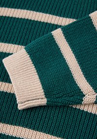 Groen en beige gestreepte gebreide trui met een mouw die over het bijpassende gestreepte lichaam is gevouwen op een vlakke ondergrond.