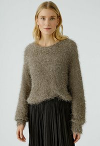 Pull brun moelleux avec un col rond, des manches longues et un ourlet légèrement court, associé à une jupe plissée noire.