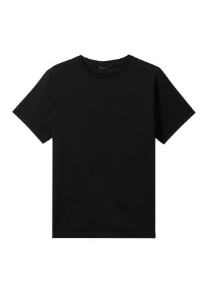Schwarzes Baumwoll-T-Shirt mit Rundhalsausschnitt, kurzen Ärmeln und geradem Saum. Glatte Textur, keine Muster oder sichtbare Hardware.